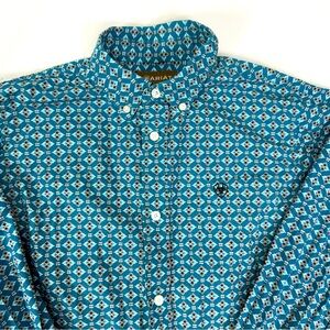 Ariat Boys Classic Fit Western Geometric Blue Button Down Shirt Size Large 14/16